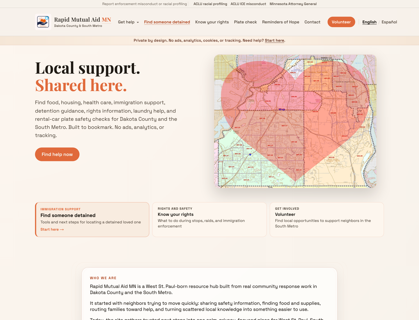 Rapid Mutual Aid MN homepage stating Private by design with no ads, analytics, cookies, or tracking, a Find help now button, and a South Metro service-area map.