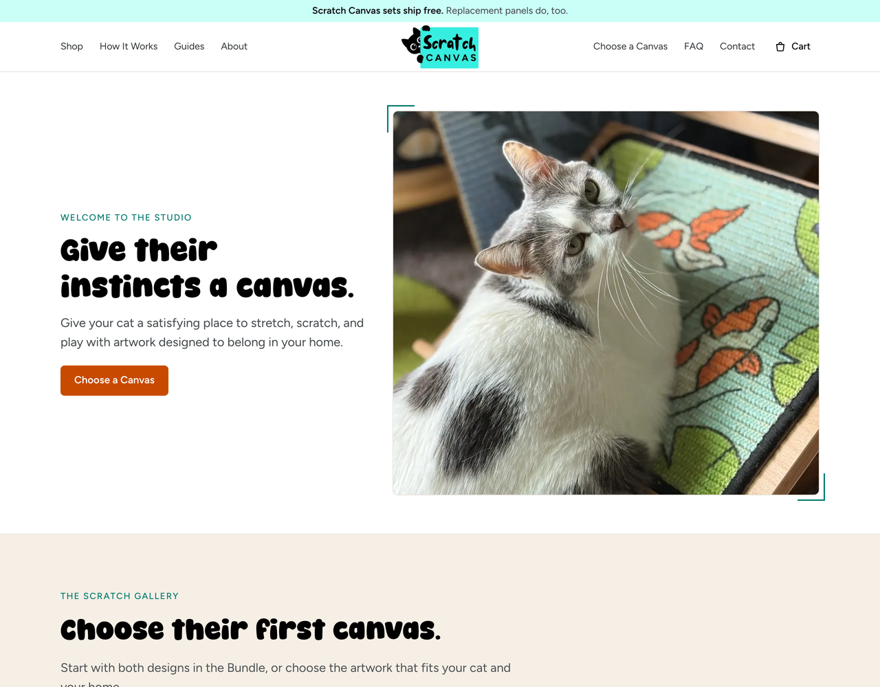 Scratch Canvas homepage with the headline Give their instincts a canvas, a Choose a Canvas button, and a photo of Honey, a white-and-gray cat, beside the Koi Scratch Canvas on its wooden easel.