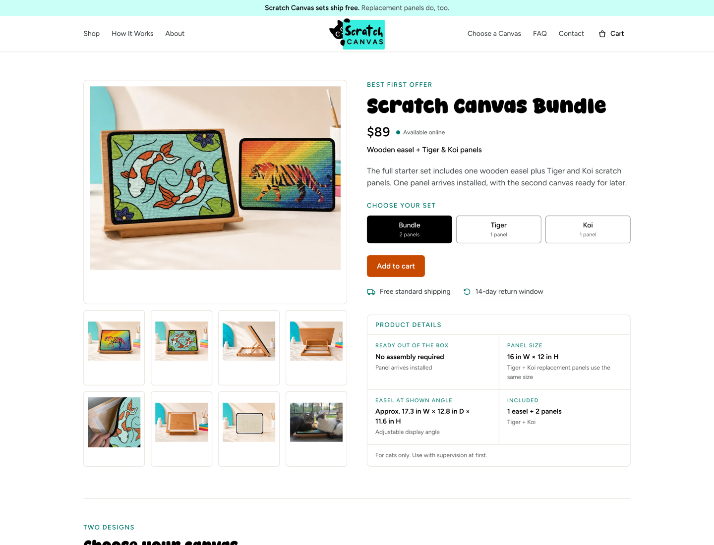 Scratch Canvas Bundle product page with price, set options, an Add to cart button, free shipping and 14-day return notes, and product details.